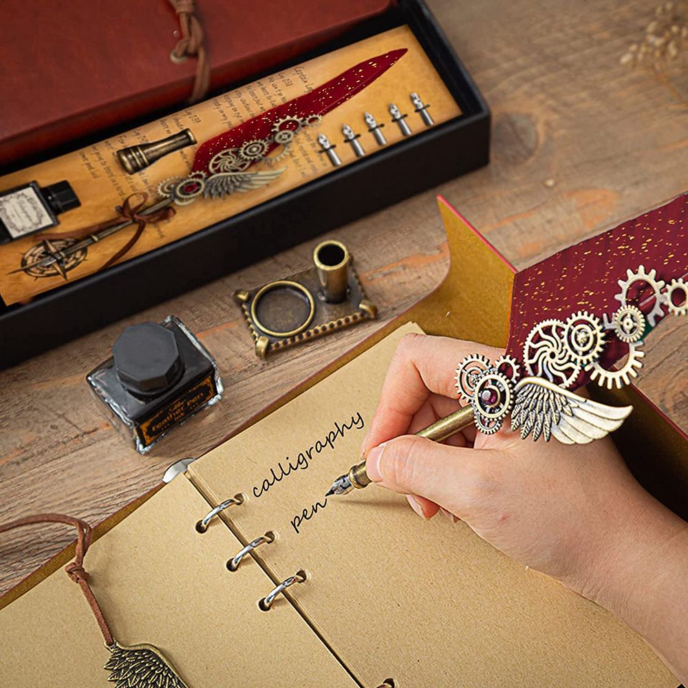  Bolígrafo de plumas con tinta, pluma de metal de caligrafía  retro, juego de tinta, pluma de pluma de escritura con bolsa de tinta para  escribir tarjetas de regalo para escribir cartas (
