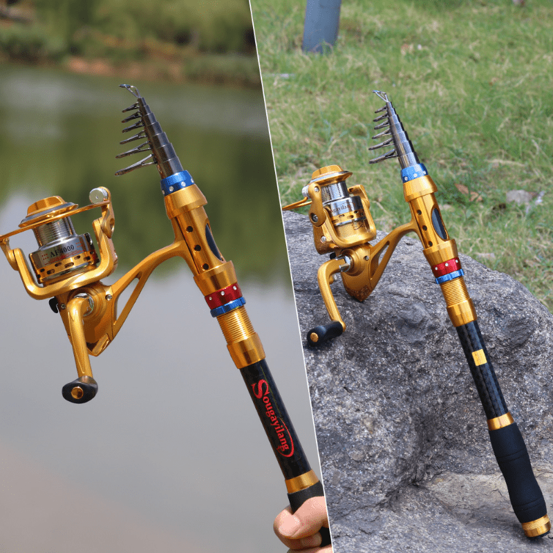 Fishing Rod and Reel Combos, Unique Design with X-Warping Painting, Carbon  Fiber Telescopic Fishing Rod with Reel Combo Kit with Tackle Box 