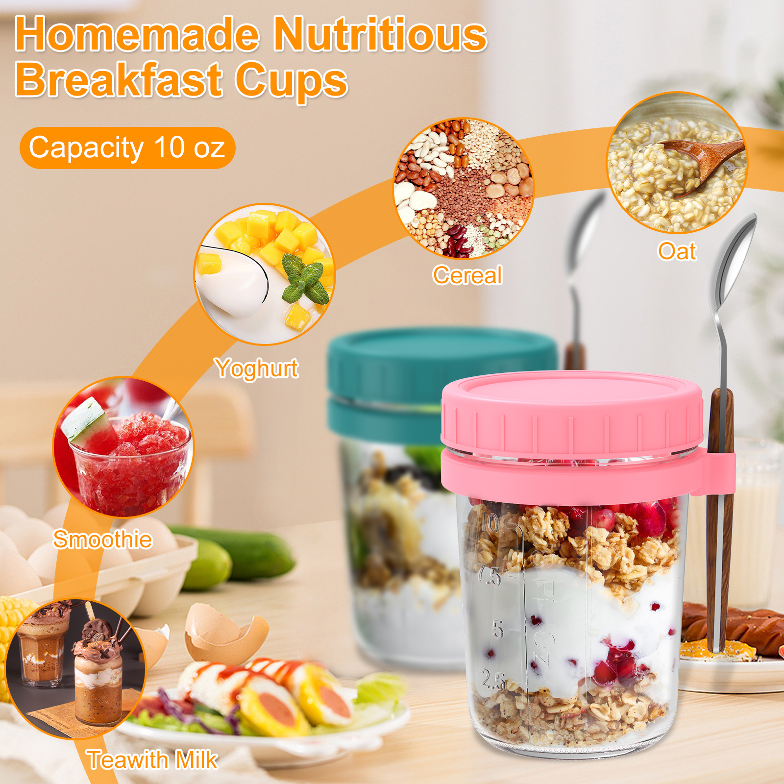 Overnight Oats Container with Lid and Spoon(4-Piece set), 10 oz Overnight  Oats Jars 
