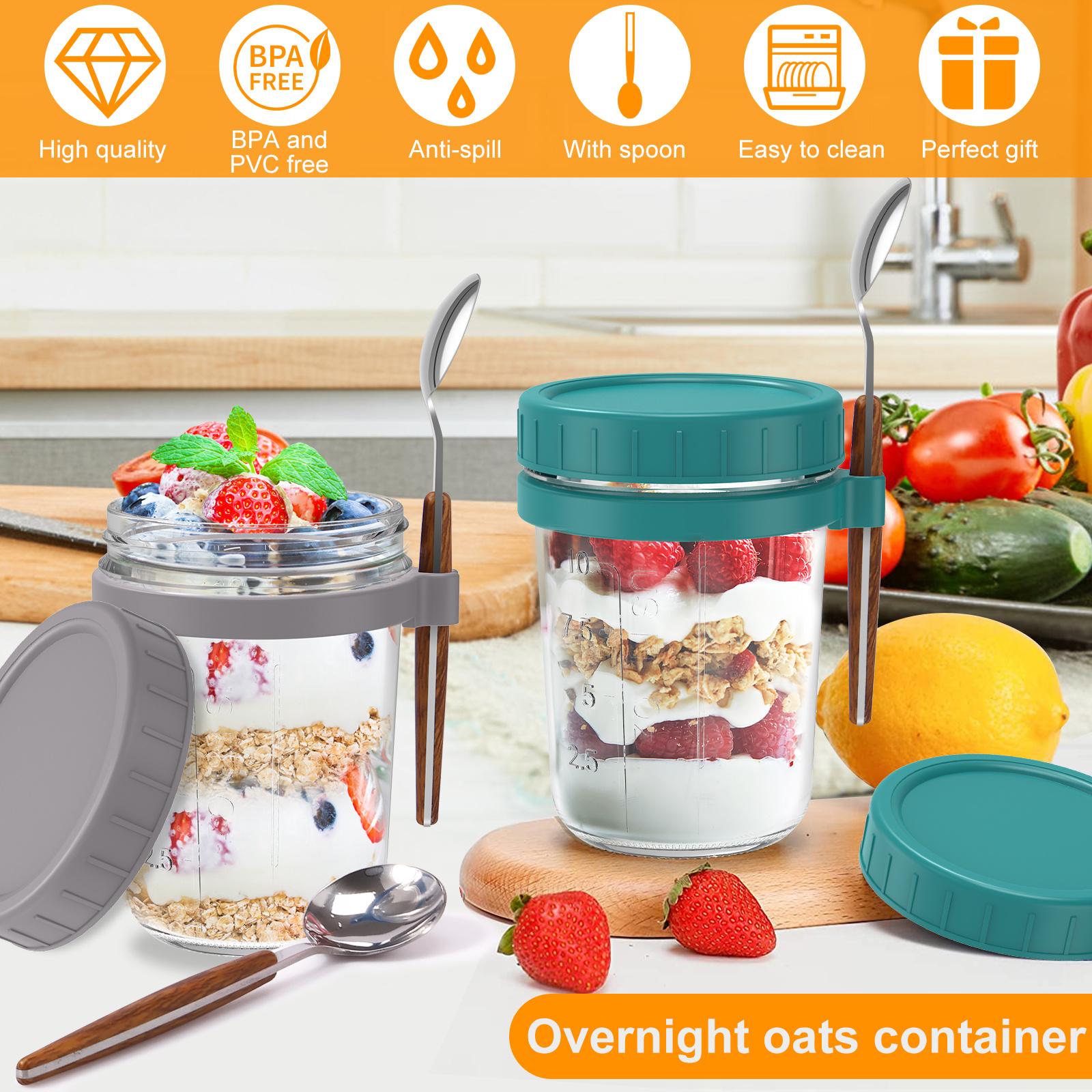 Reusable Overnight Oatmeal Container With Lids And Spoon - Perfect