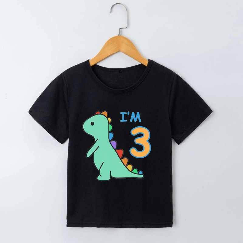 

I'm 3 Cute Cartoon Dinosaur Print Boys Creative T-shirt, Casual Lightweight Comfy Short Sleeve Crew Neck Tee Tops, Kids Clothings For Summer