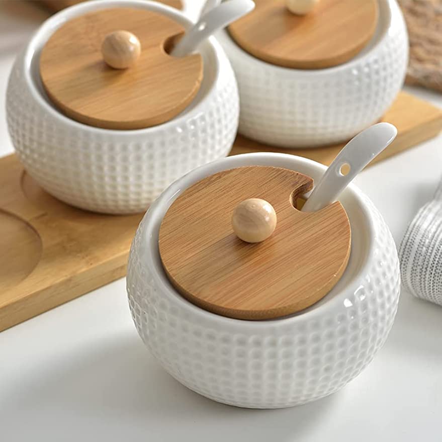 Ceramic White and Blue Spice Seasoning or Condiment Pots with Serving  Spoons and Acacia Wood Tray