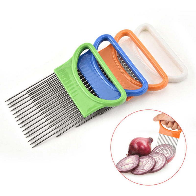 2pcs Ruooson Onion Holder for Slicing, Stainless Steel Prongs Kitchen Slicer, Lemon Potato Cucumber Vegetable Cutter Comb,Meat Tenderizer,(white and