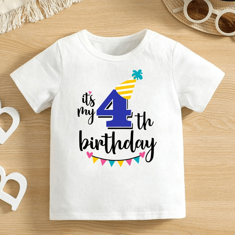 

It's My 4th Birthday Letter Print Boys Creative T-shirt, Casual Lightweight Comfy Short Sleeve Crew Neck Tee Tops, Kids Clothings For Summer