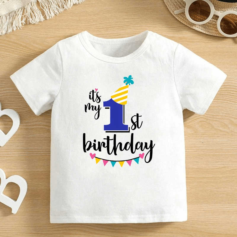 

It's My 1st Birthday Letter Print Boys Creative T-shirt, Casual Lightweight Comfy Short Sleeve Crew Neck Tee Tops, Kids Clothings For Summer