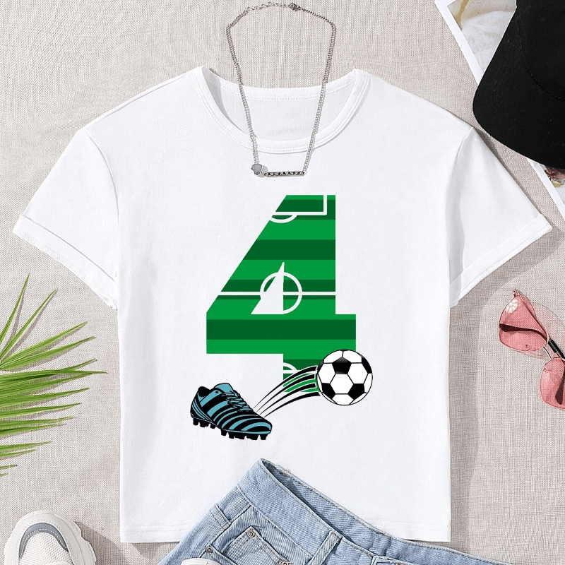 

Boys 4th Birthday 4 Years Old Soccer Football Player Creative T-shirt, Casual Lightweight Comfy Short Sleeve Crew Neck Tee Tops, Kids Clothings For Summer