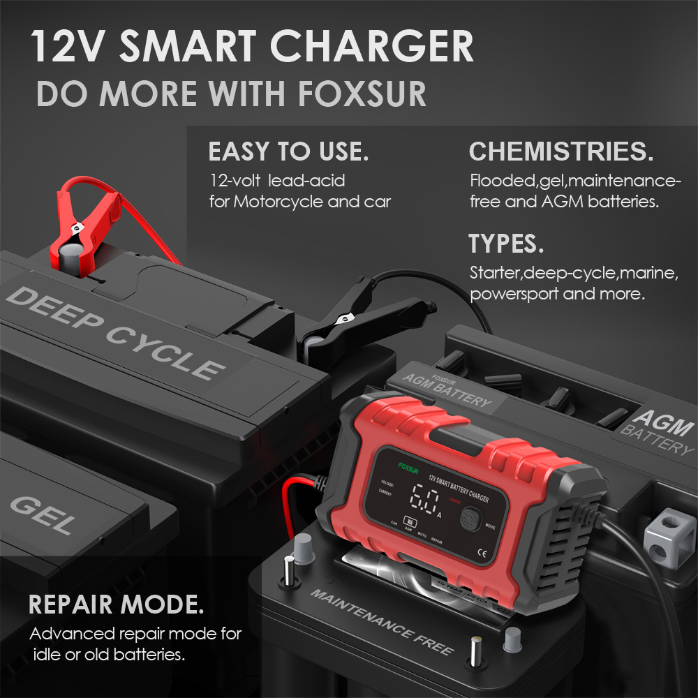Acheter Chargeur de batterie de moto, voiture, ATV, tondeuse à gazon, ATV,  chargeur de réparation AGM, grand écran, 12V