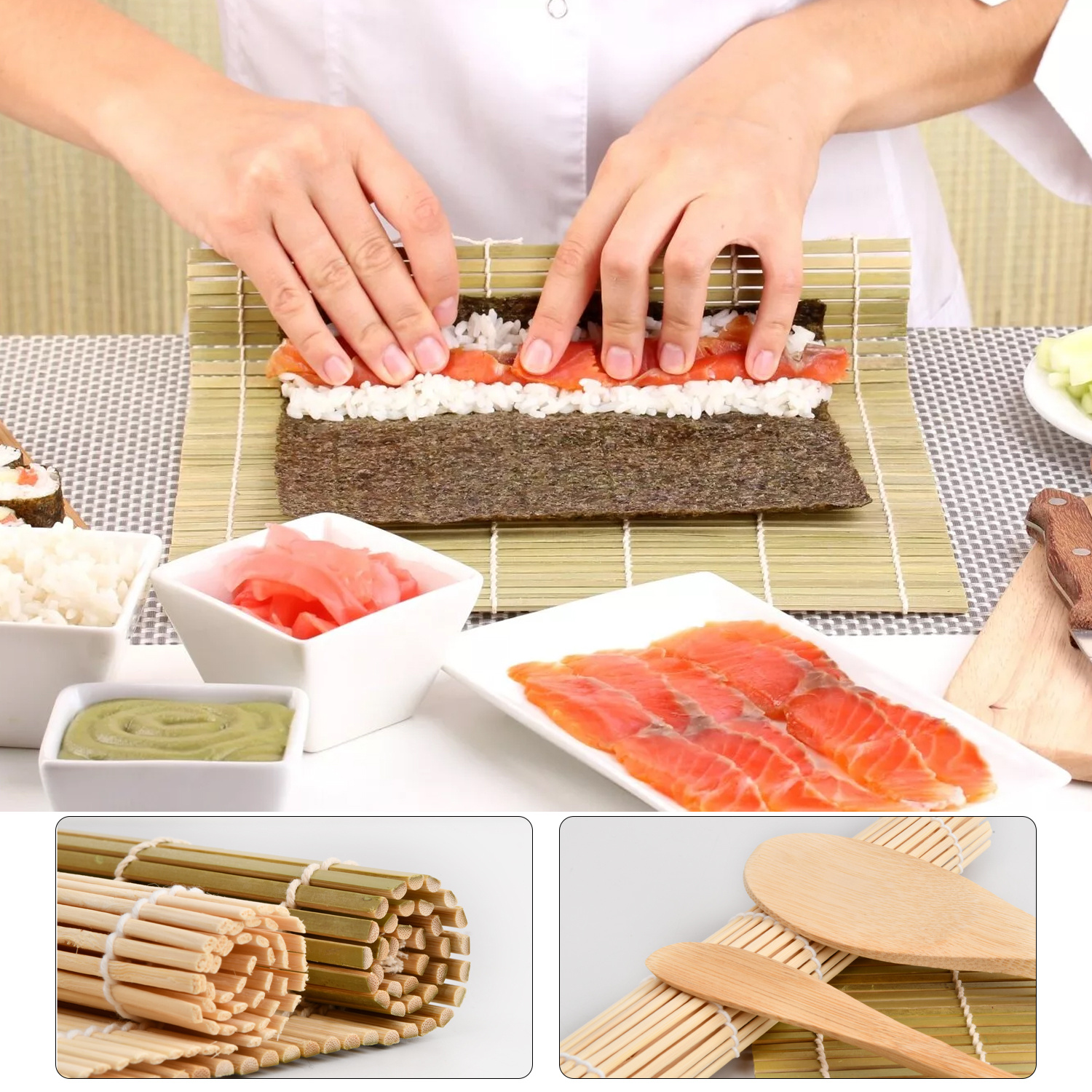 Bamboo Sushi Making Kit, Bamboo Sushi Maker Mat Set, 1 Rice Spoon