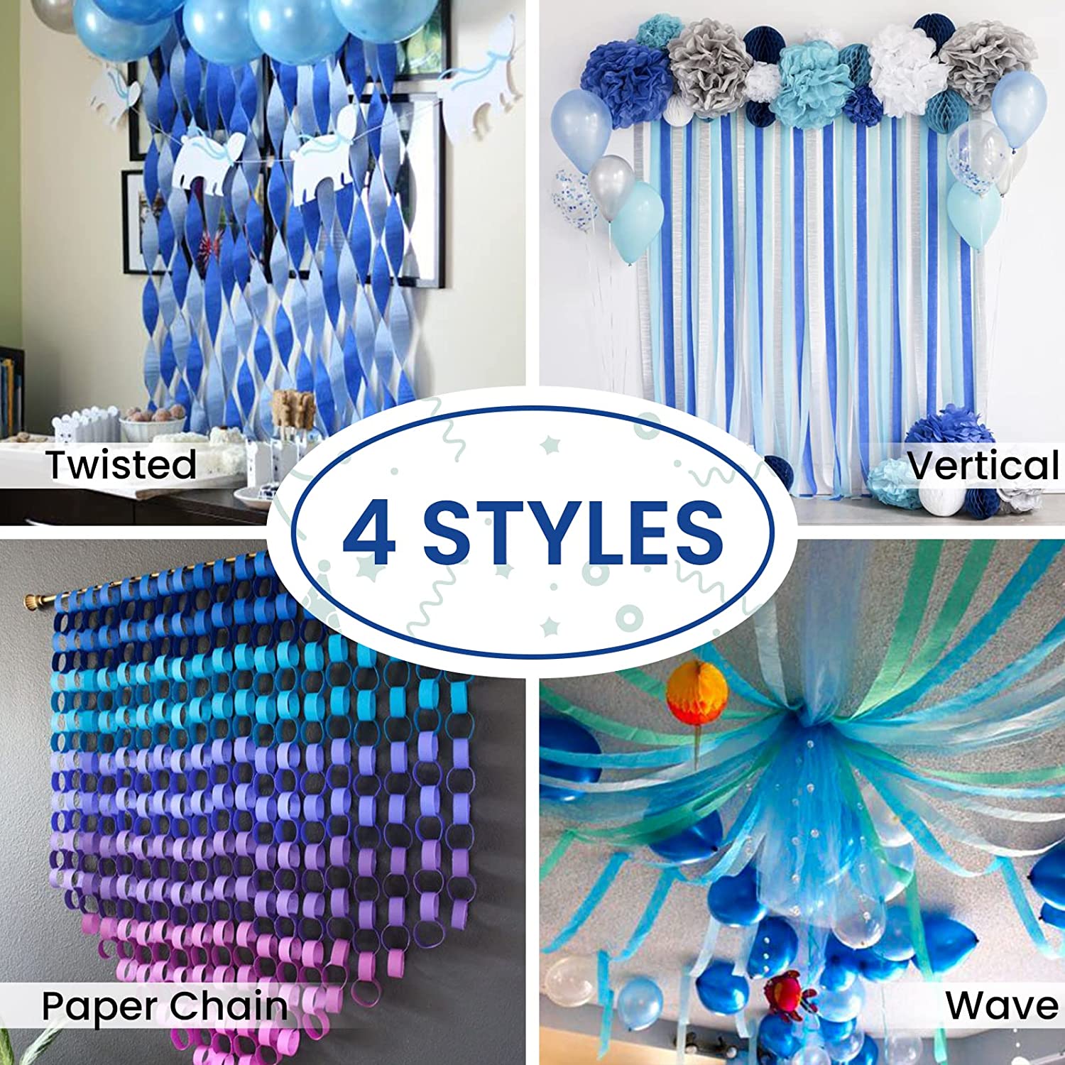 Blue and White Crepe Paper Streamers (2 Rolls Each Color) MADE IN USA!