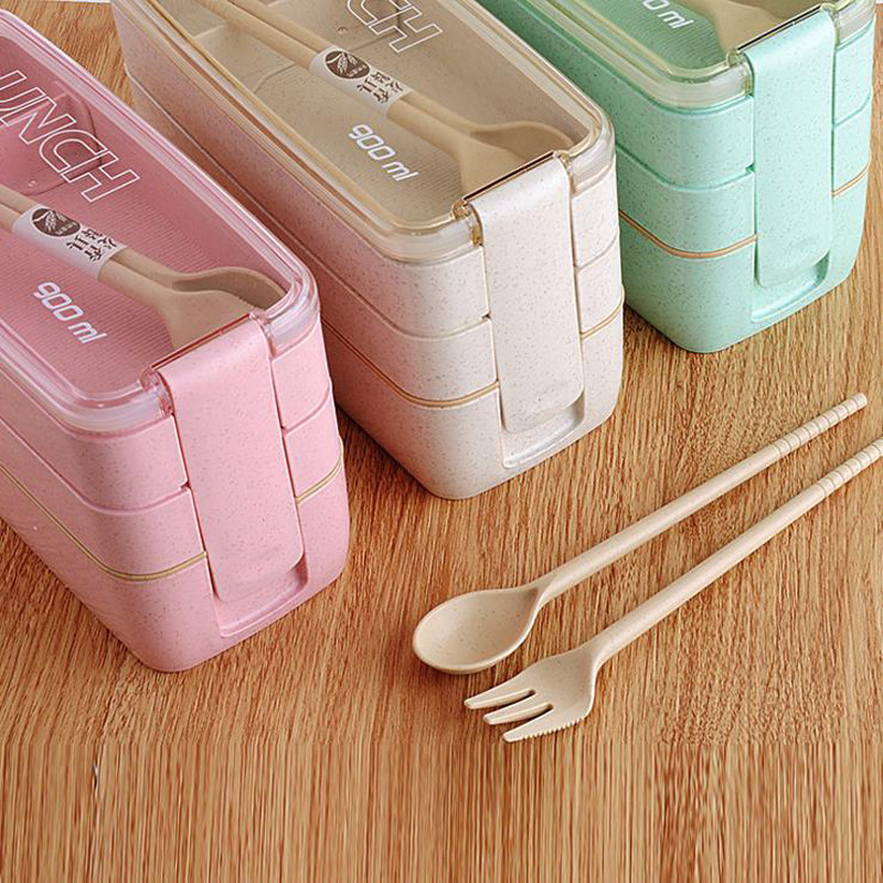 1set Snack Containers with knife and fork, 3 Compartments Bento