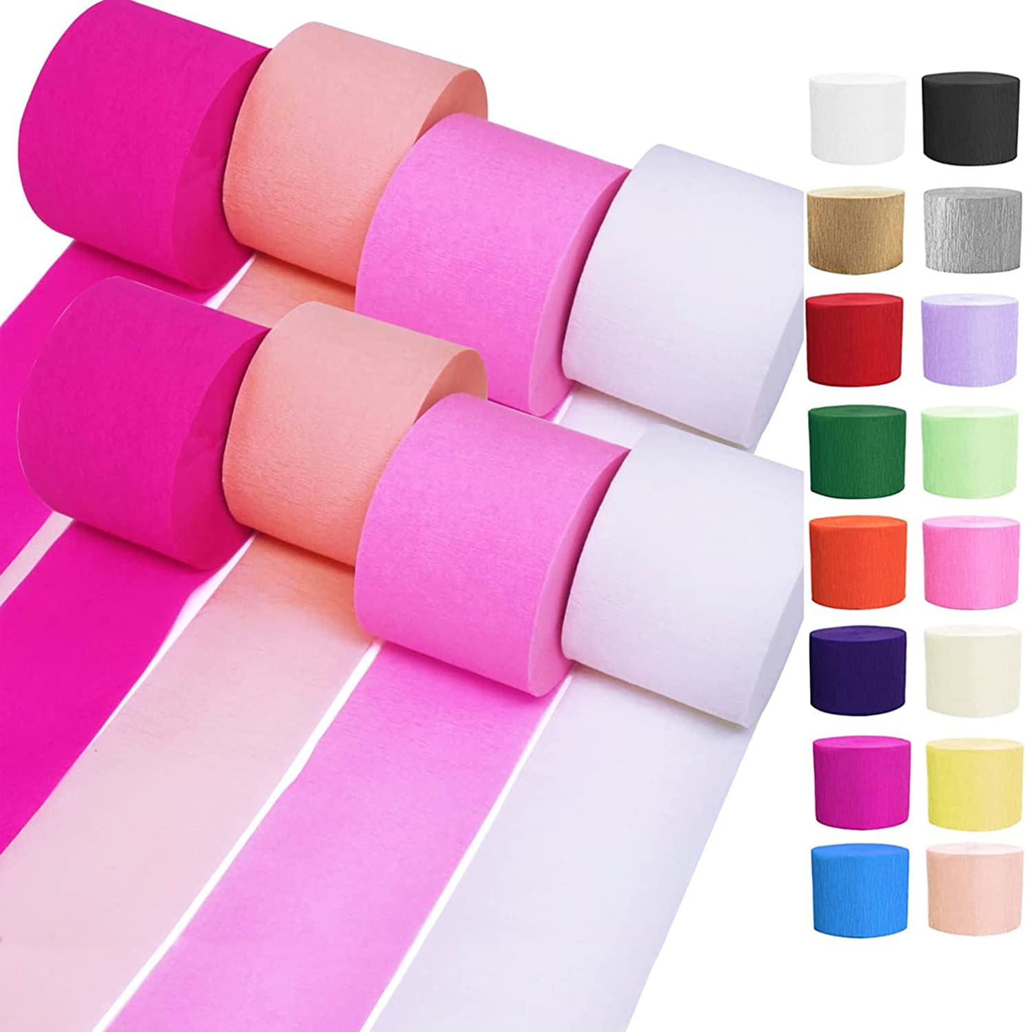 Crepe Paper Streamers (656ft x 1.8inch) - 8 Rolls & 8 Balloons - Pastel Gold & Pink Streamers for Birthday Party Decorations, Backdrop, Arts & Crafts