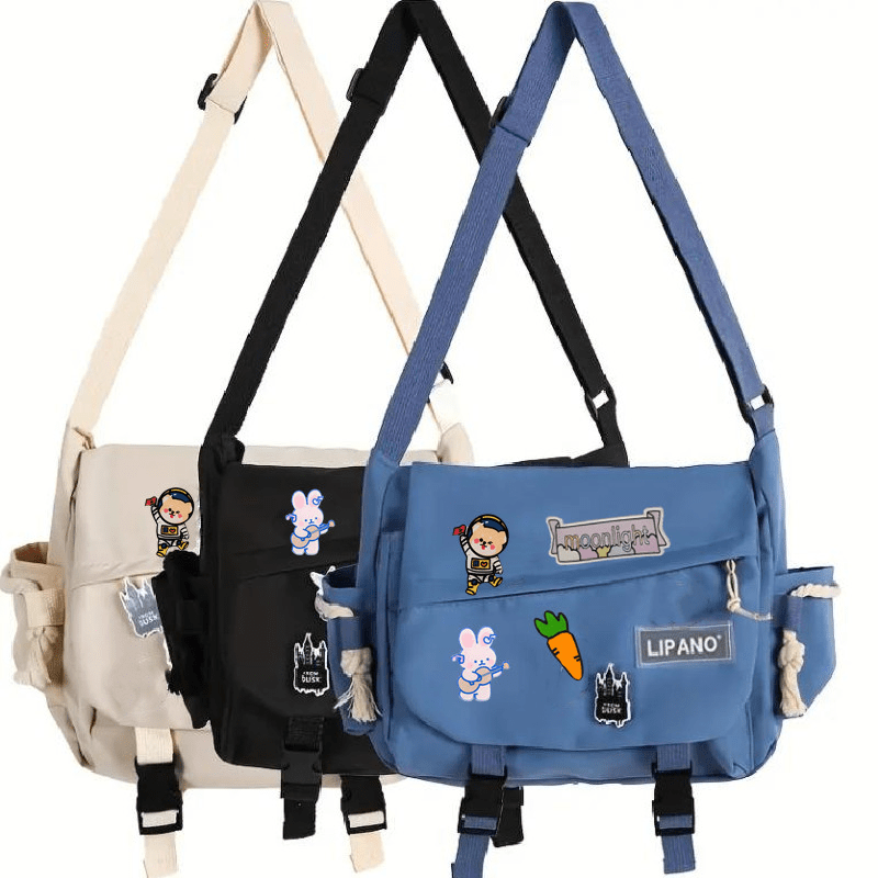 Letter & Cartoon Patch Decor Flap Pocket Shoulder Tote Bag