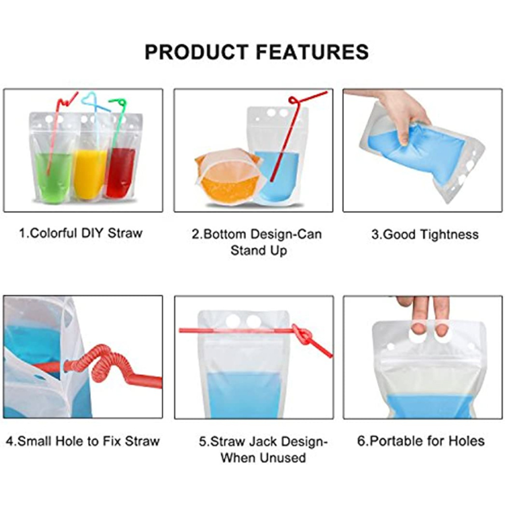 100 Pcs Drink Pouches Bags & Straws Kit Colorful Reusable Non