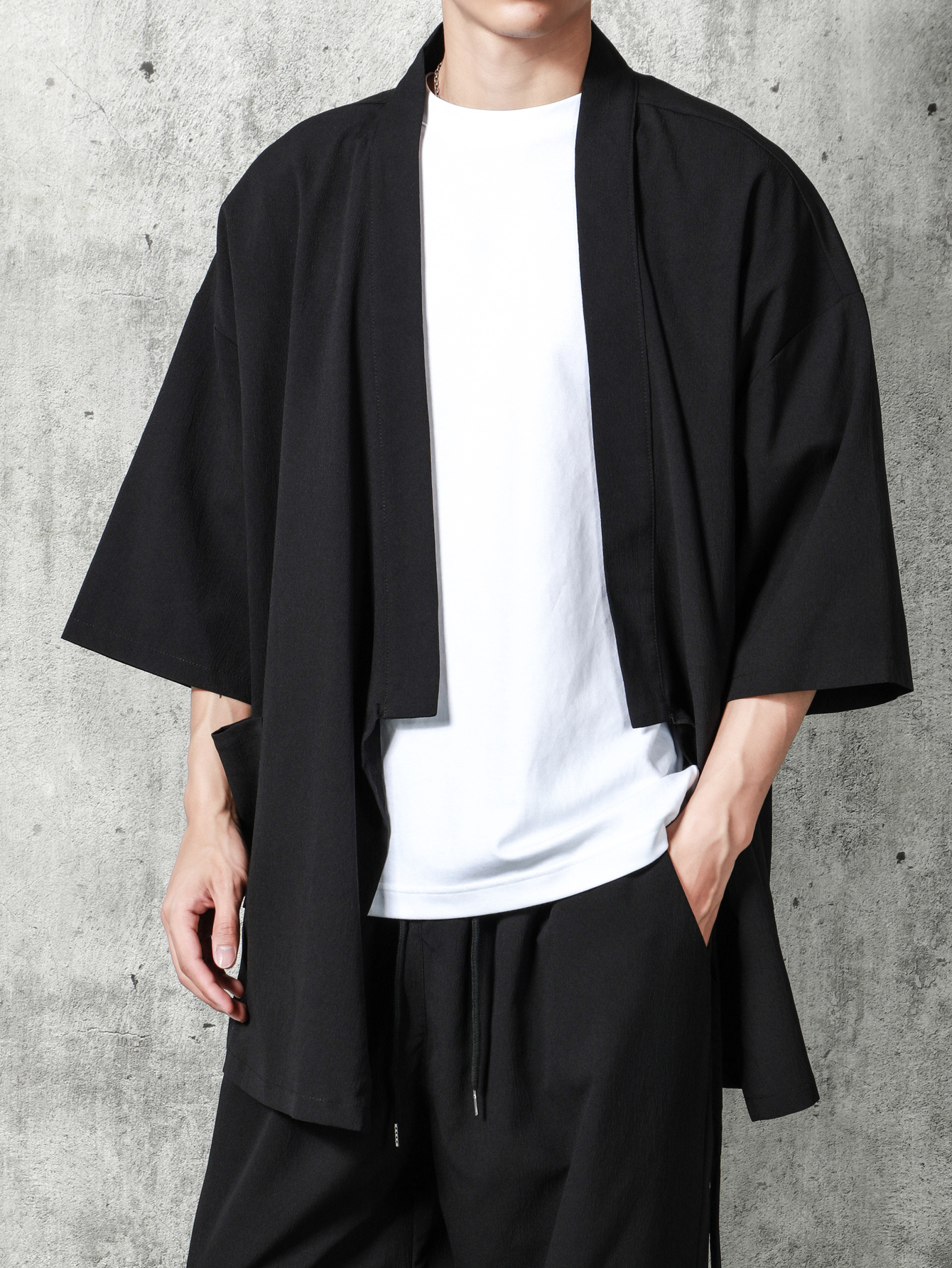 Japanese Clothing Men's Short Kimono Jacket, Black, XL