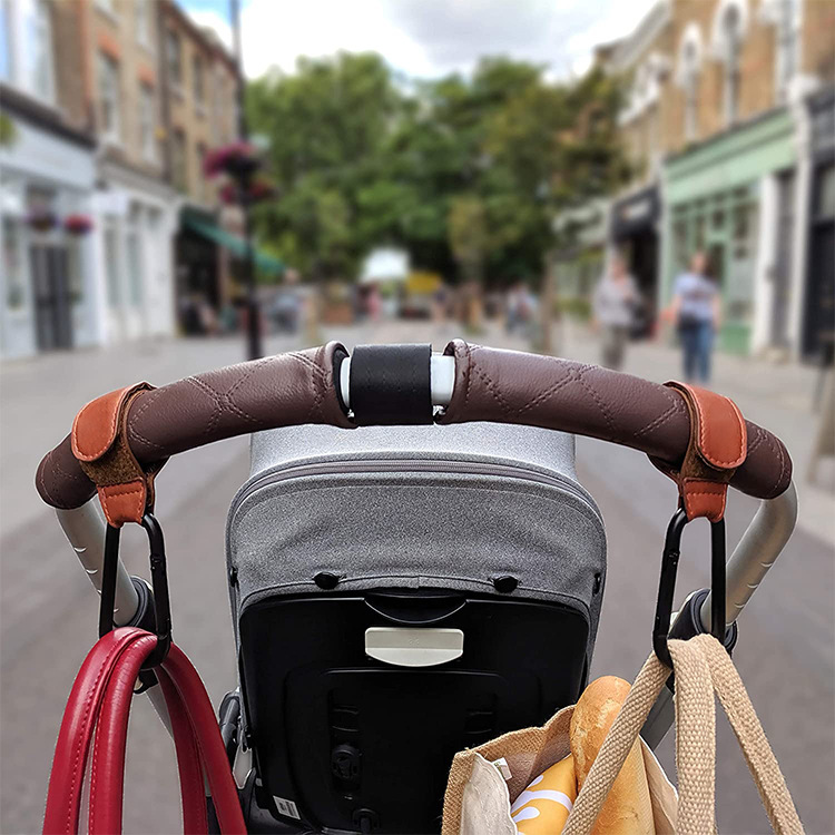 Ganchos de cuero PU para cochecito de bebé, accesorios para carrito de bebé,  gancho para bolso de bebé, organizador de Velcro giratorio