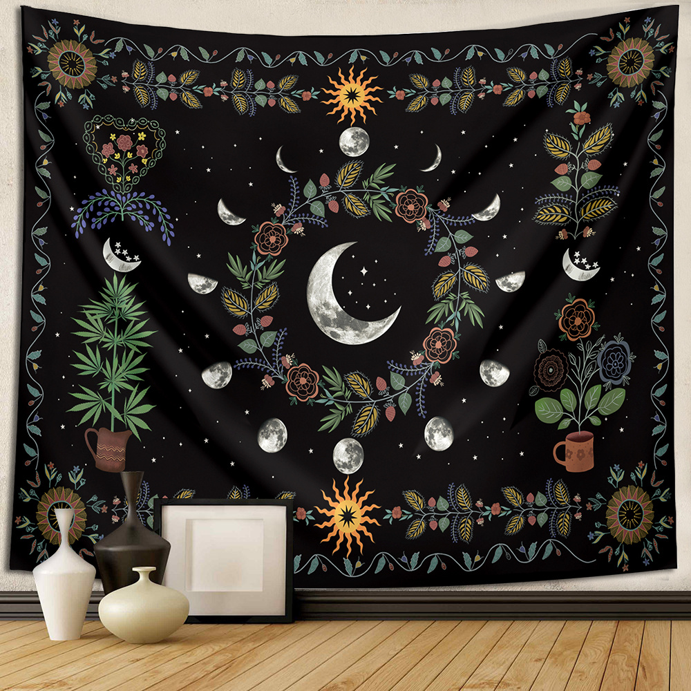 Image of 1pc Moon Phase Tapestry Wall Hanging Botanical Celestial Floral Wall Tapestry Hippie Flower Starry Sky Tapestry For Living Room Bedroom Dorm Room Decor Home Decor