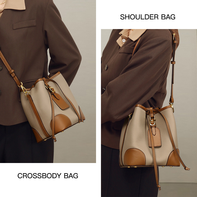 Small Drawstring Bucket Bag, Color Contrast Crossbody Bag, Women's