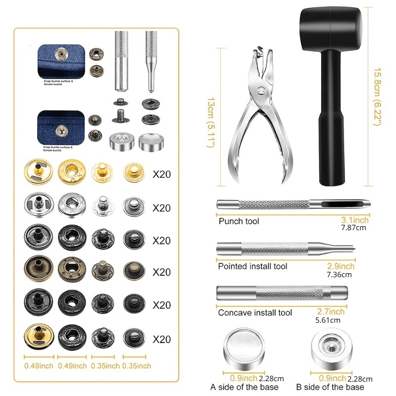120sets Leather Snaps and Fasteners Kit, 12.5mm Silver Snap Fasteners Kit,  Leather Snaps, Metal Heavy Duty Snaps with Install Tool for Leather