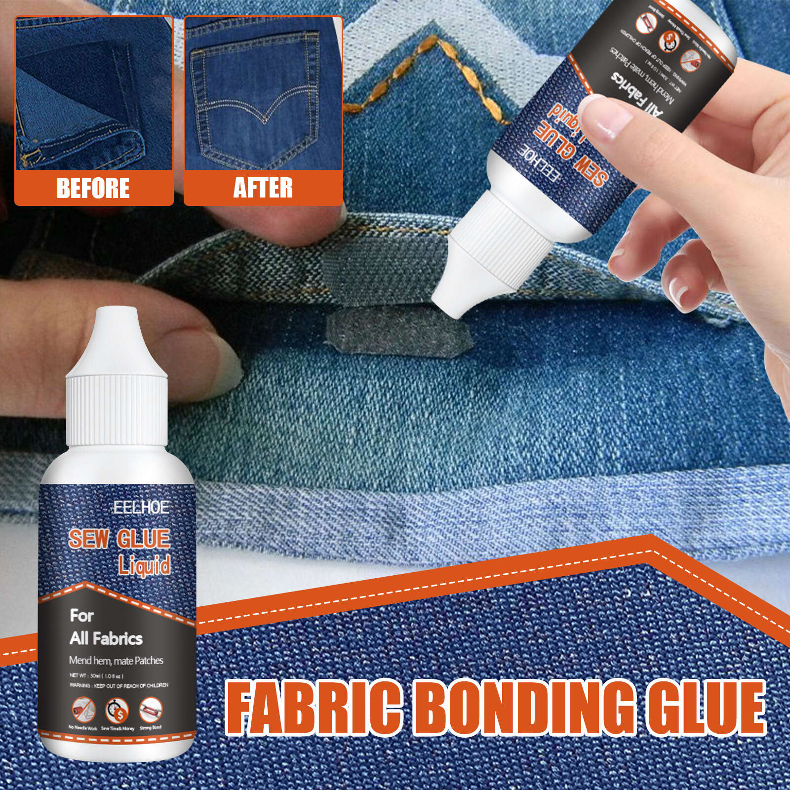 Fabric Glue Clothing Glue 50ml Washable Sew Glue Glue for Silk, Patches,  Polyester Fabric, Non Woven Fabrics, Denim