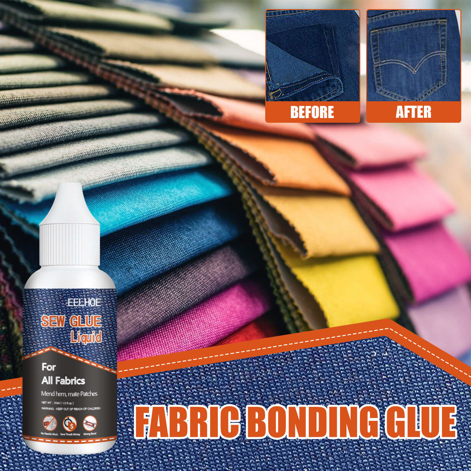 Fabric Glue Waterproof Sew Glue Bonding Patch Sewing Solution for