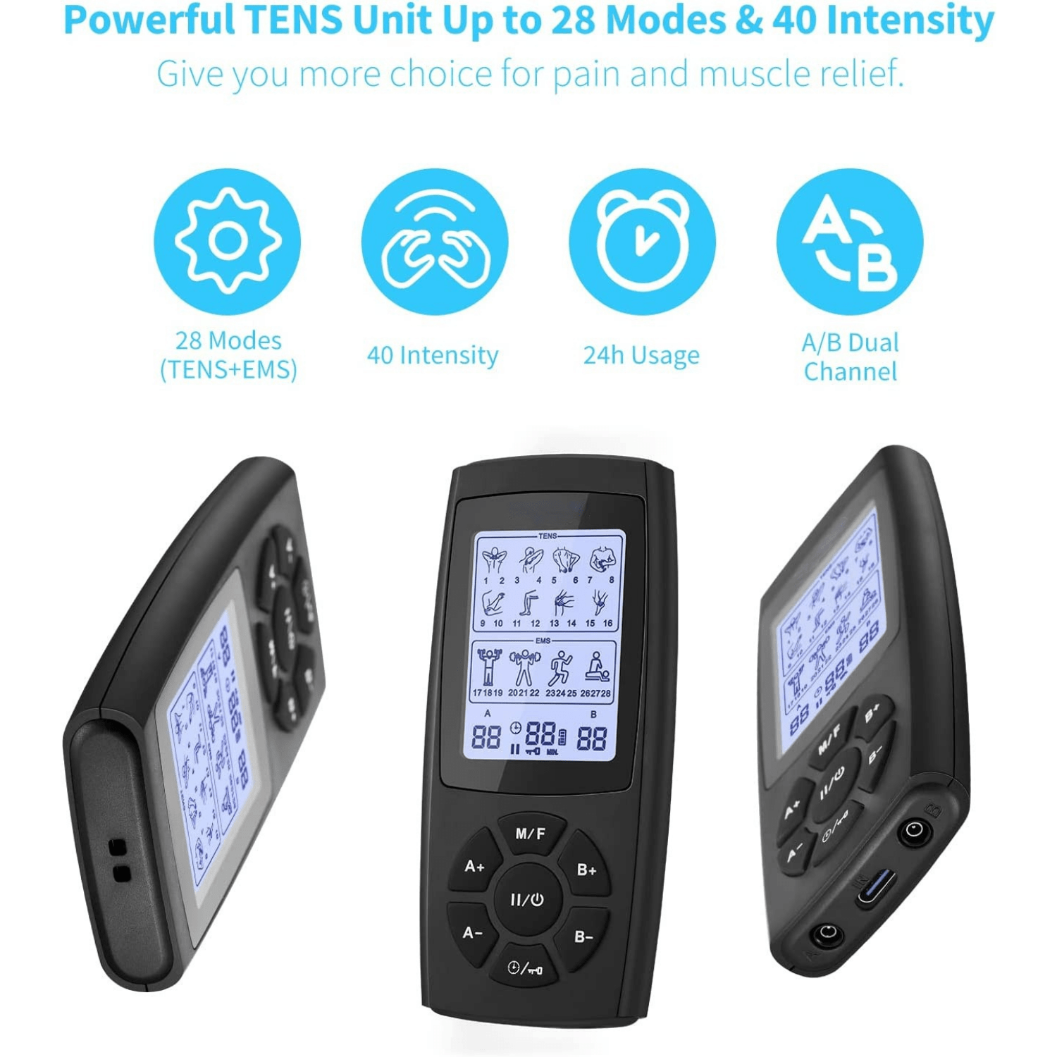 Portable Tens Unit Machine EMS Muscle Stimulator for Pain Relief - Dual Channel/12 Modes/16 Intensity