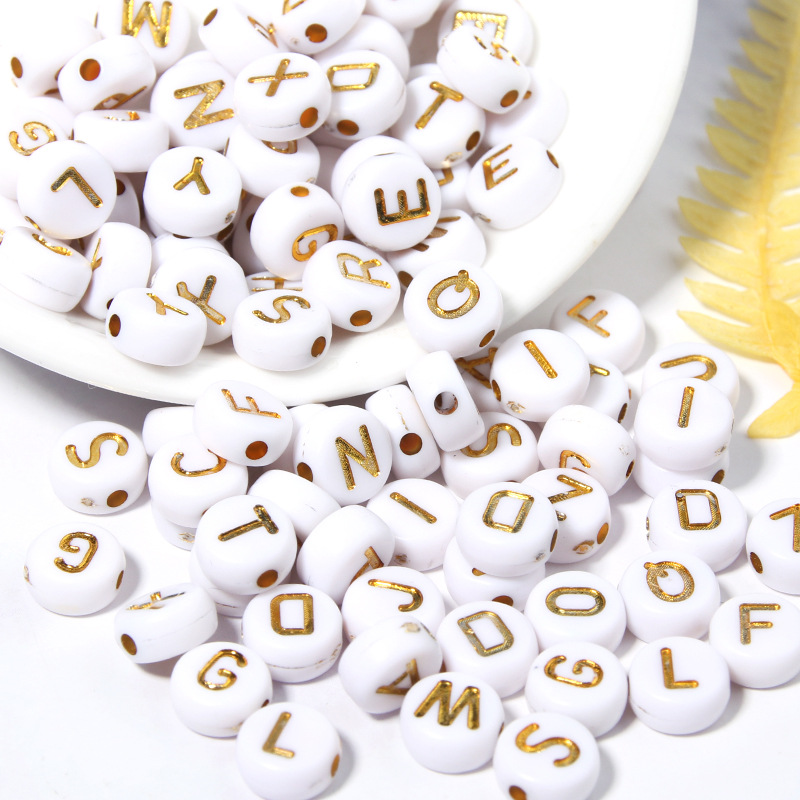 Acrylic Bead, Opaque White and Gold Letter, Double-Sided Flat Round, 4x7mm,  about 500pcs per pack