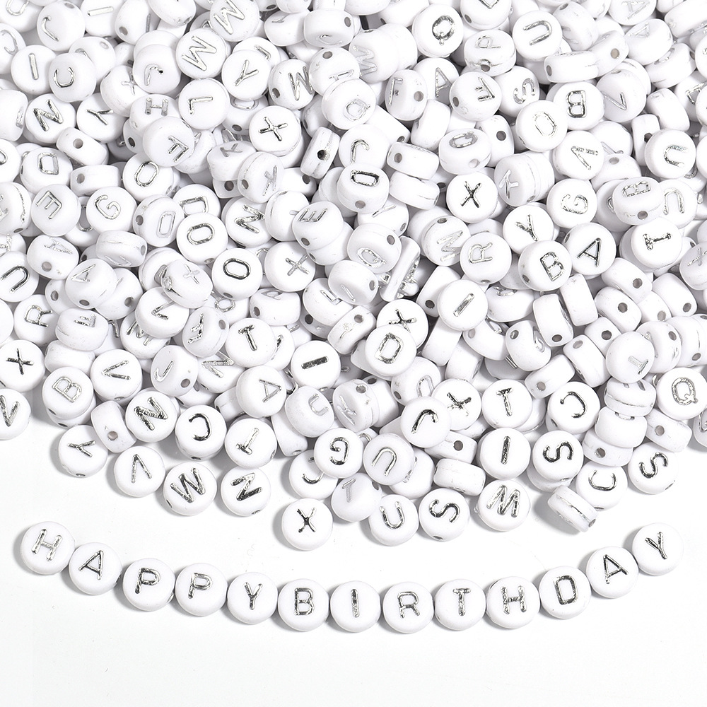 Acrylic Letter Beads, Silver and Black Alphabets, Double-Sided Flat Round,  4x7mm, about 500pcs per pack