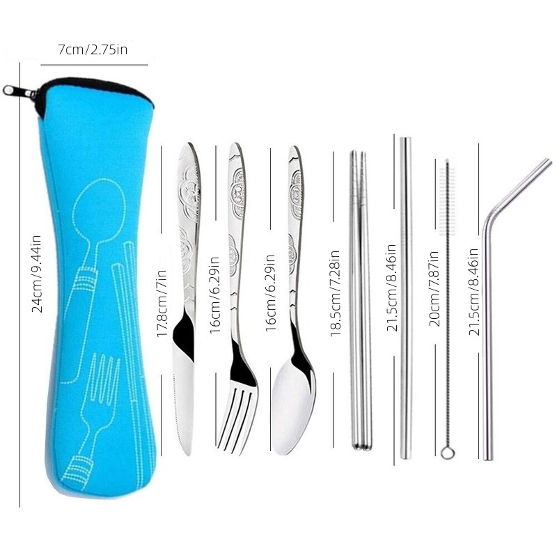 7Pcs Portable Lunch Tableware Cutlery Set Stainless Steel Spoon