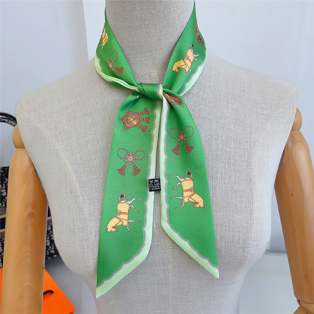 Horse Print Skinny Scarf Vintage Tassel Bowknot Long Ribbon