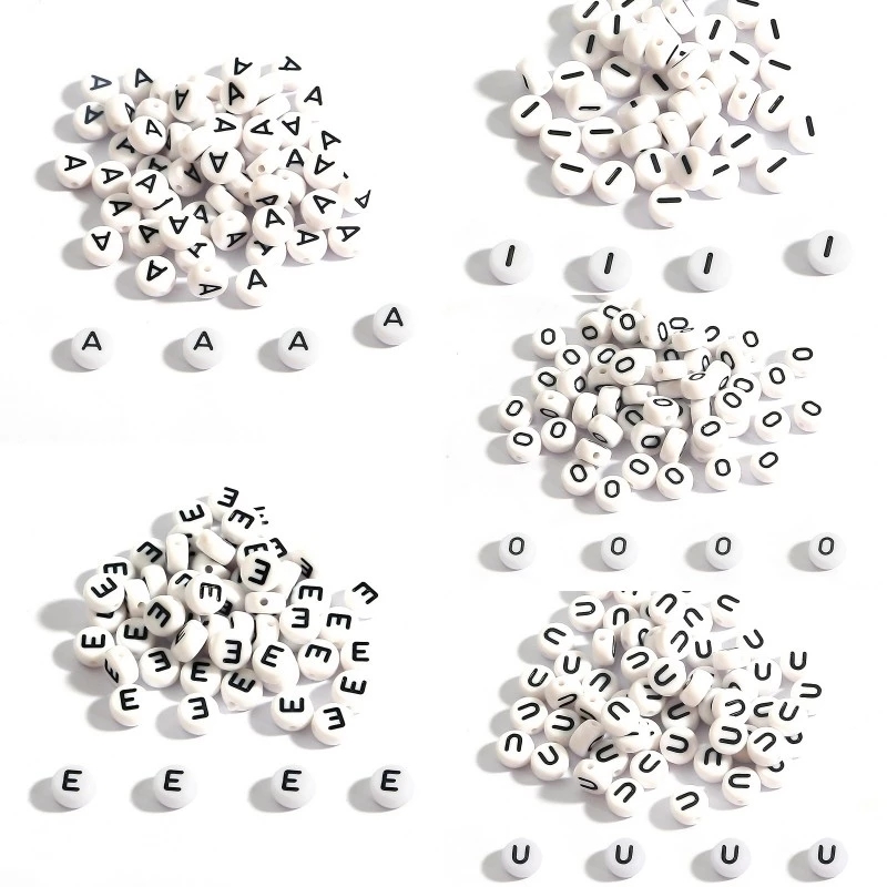 500pcs White Round Acrylic Vowel Letter Beads 7mm Circle Disc Rose Gold  AEIOU Alphabet Spacer Beads for DIY Bracelets Jewelry Making