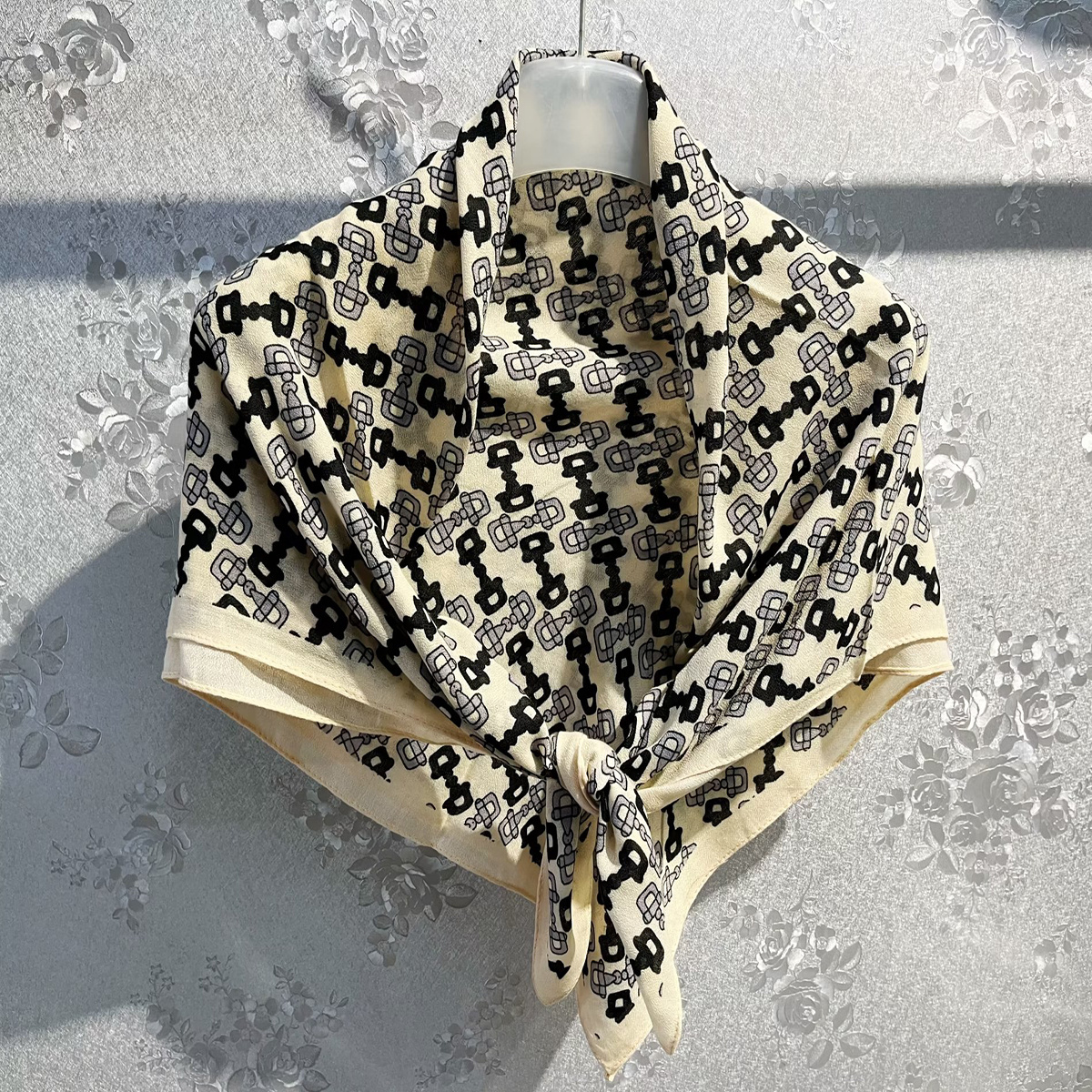 Black and White Louis Vuitton Inspired Monogram Silk Chiffon Scarf