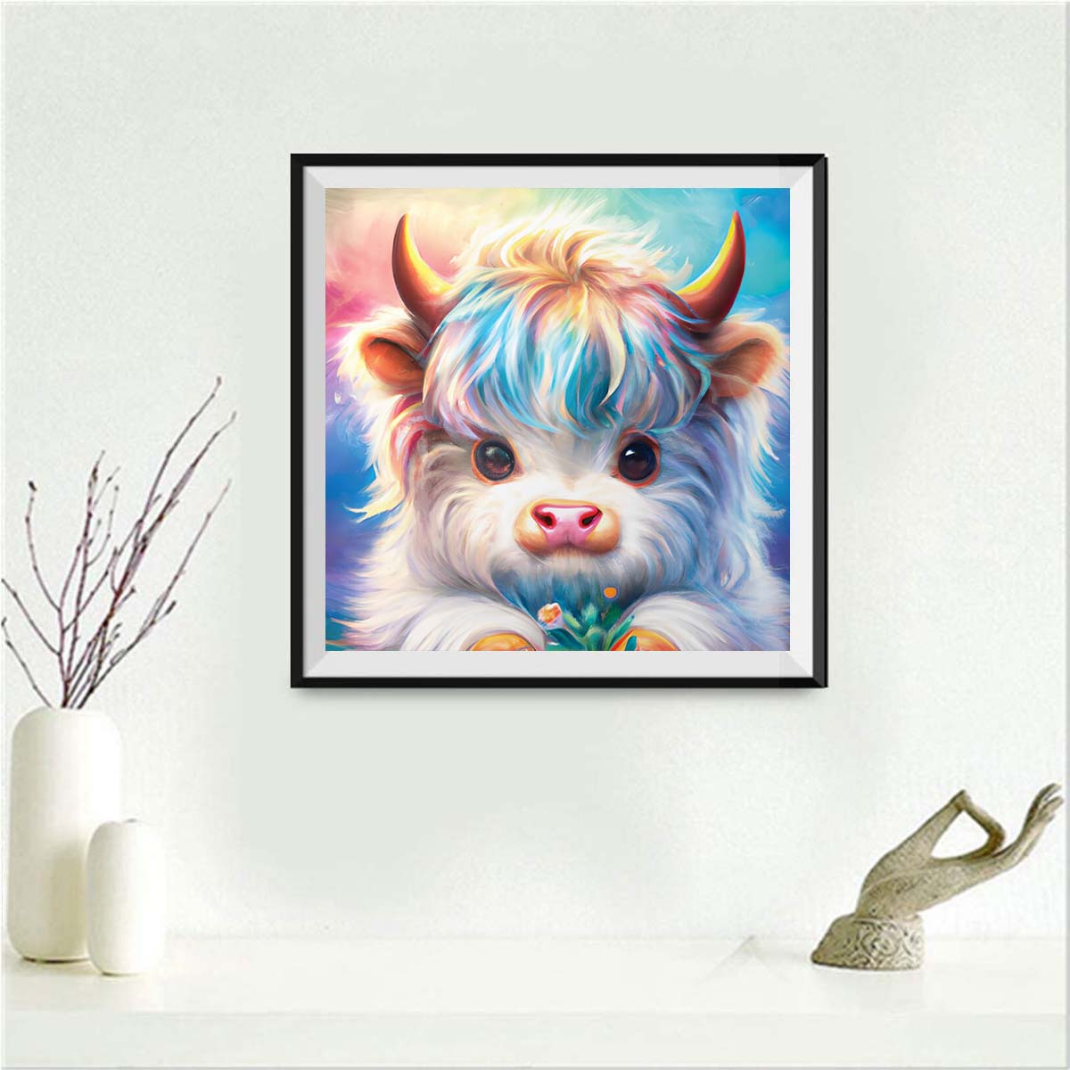 5D Diamond Painting Art Animal Highland Cow Garland Full Drill Diamond Painting by Number Kits for Adult Wall Decoration (40x40cm/16x16inch)