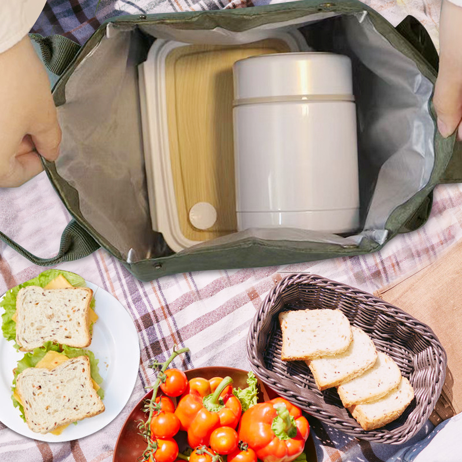 1pc Rectangle Lunch Bag With Handle, Reusable Lunch Box For Women