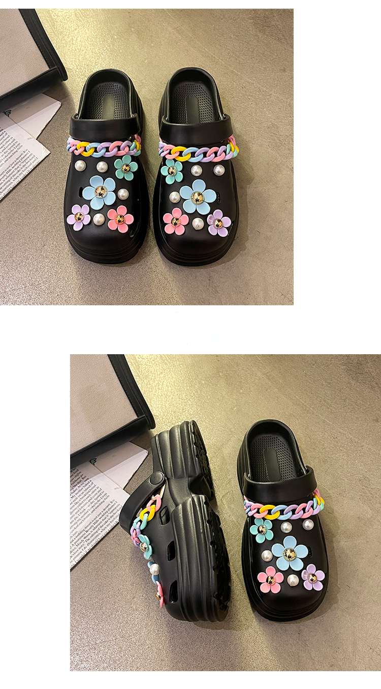 1Set/22Pcs Shoe Charms&Chain Sets Pearl Croc Charms Black Flowers