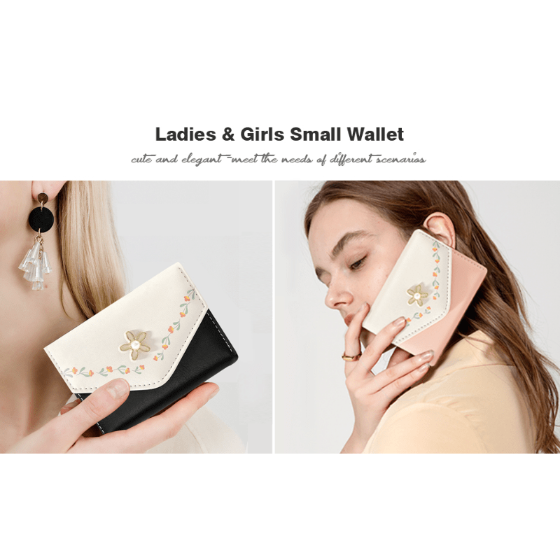 Girls Women Wallet Tri-folded Flowers Wallet Cash Pocket Flowers Print Card  Holder Coin Purse With Id Window Elegant Youthful And Cute (pink)