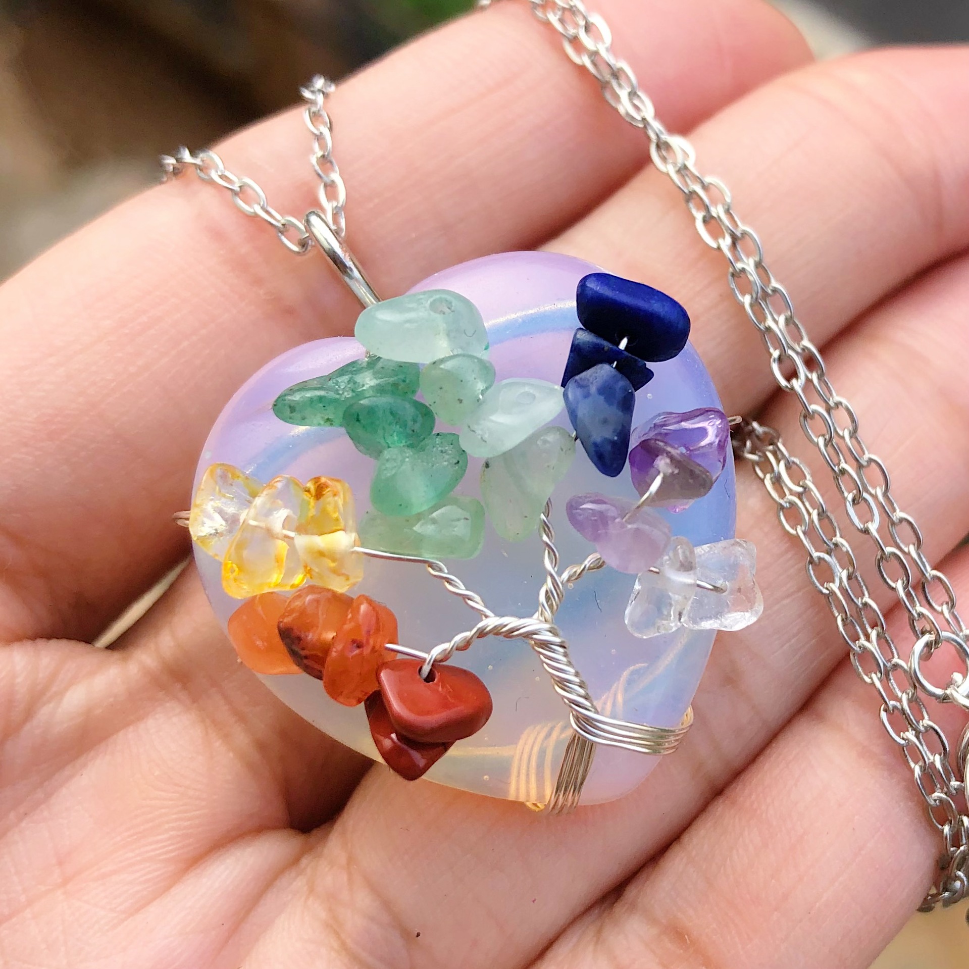 7 Rainbow Gemstones Heart Pendant