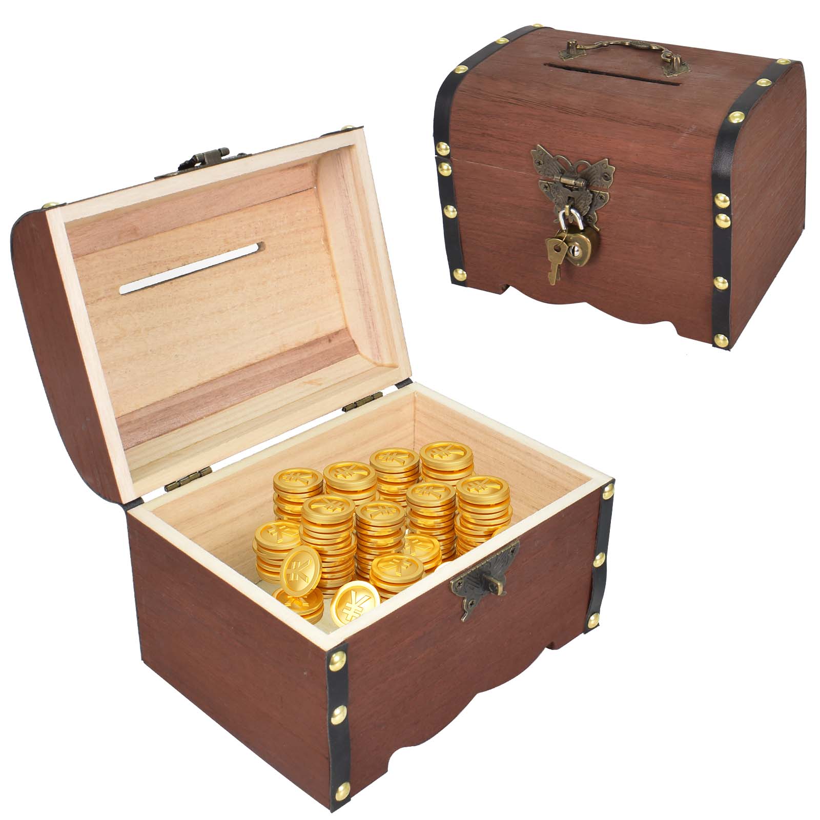 Vintage Wooden Treasure Chest, Treasure Storage Box With Love Lock