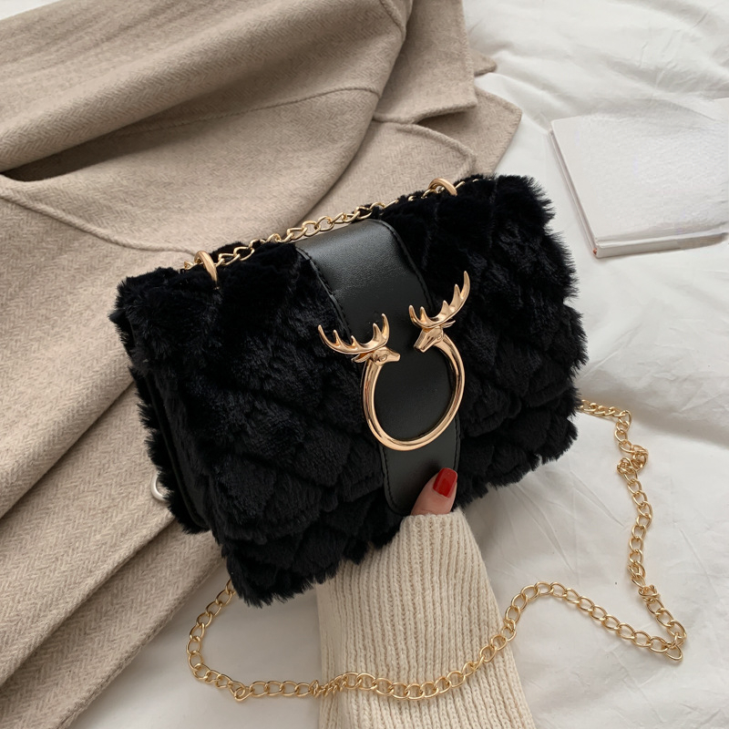 Black Furry Phone Pouch with Chain