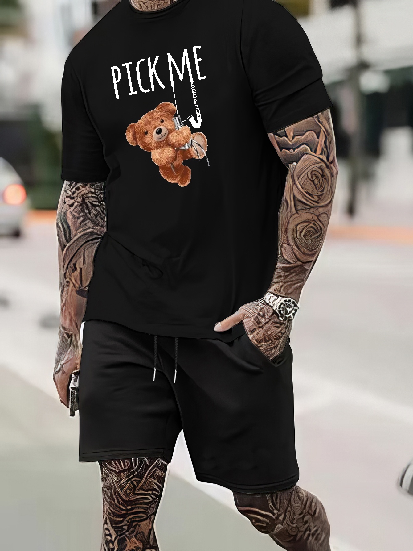 Pike Bear Print Street Style Men's Outfits Trendy T shirt - Temu