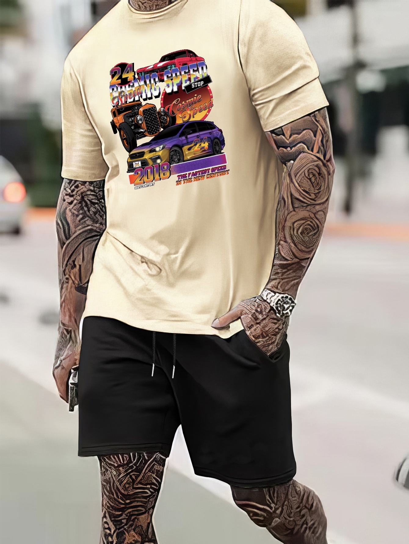 Søgemaskine markedsføring rendering lade som om Cosmic Speed Print Street Style Mens 2pcs Outfits Trendy T Shirt And Loose  Drawstring Shorts Set Mens Clothing | Shop Now For Limited-time Deals |  Temu Finland