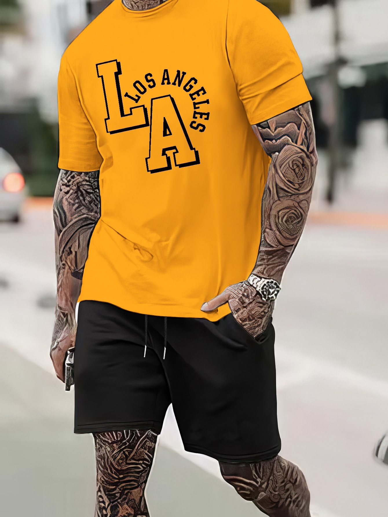 Los Angeles Print Street Style Mens 2pcs Outfits Trendy T Shirt