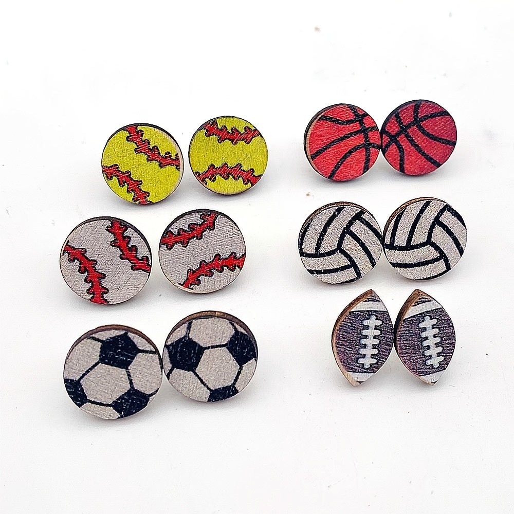 1 Pair Round & Heart-Shaped Wooden Earrings, Creative Baseball Basketball Rugby Football, Soccer Pattern Sports Earrings,Temu