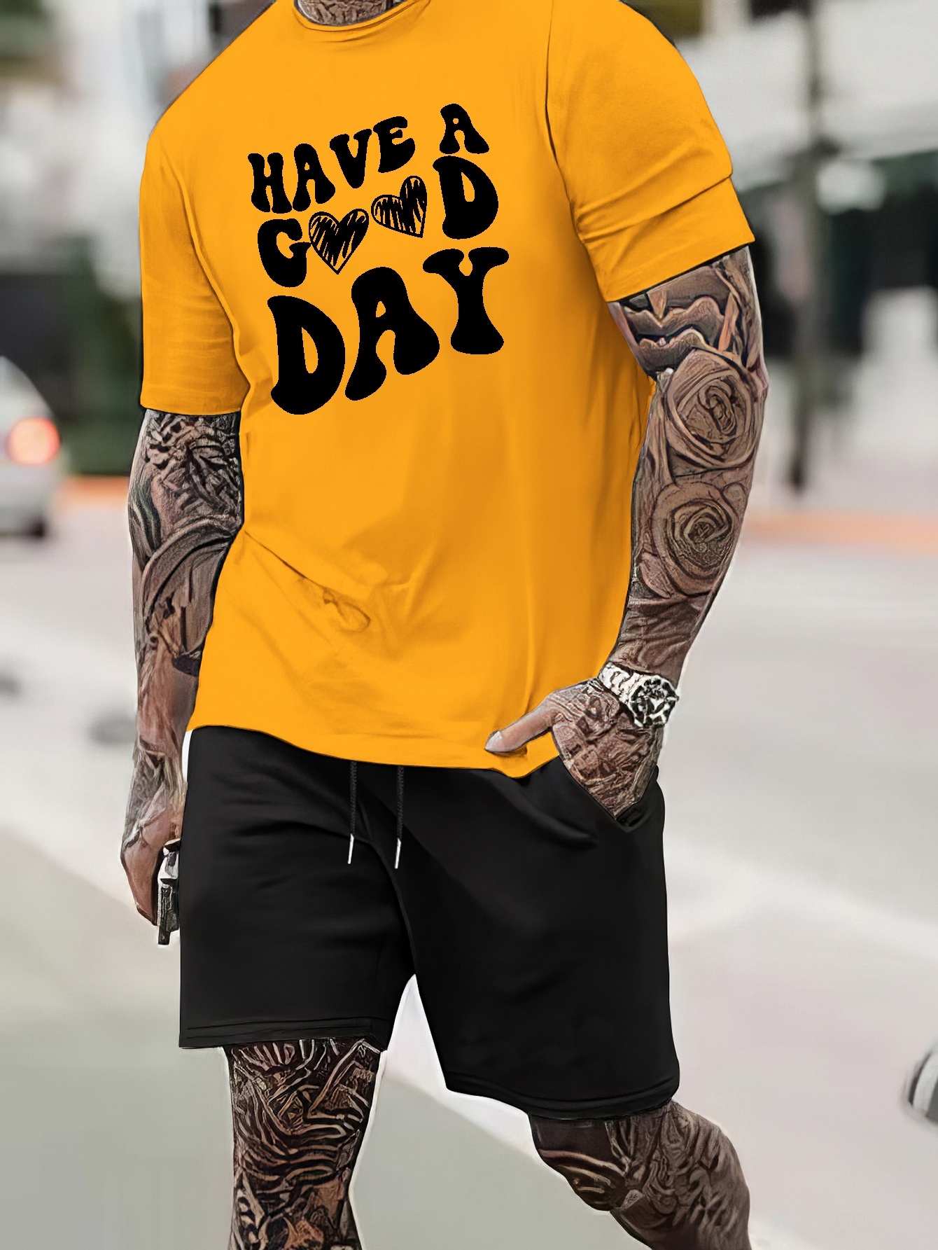 Have A Good Day'' Print, Street Style Men's 2Pcs Outfits, Trendy T-shirt  And Loose Drawstring Shorts Set, Mens Clothing