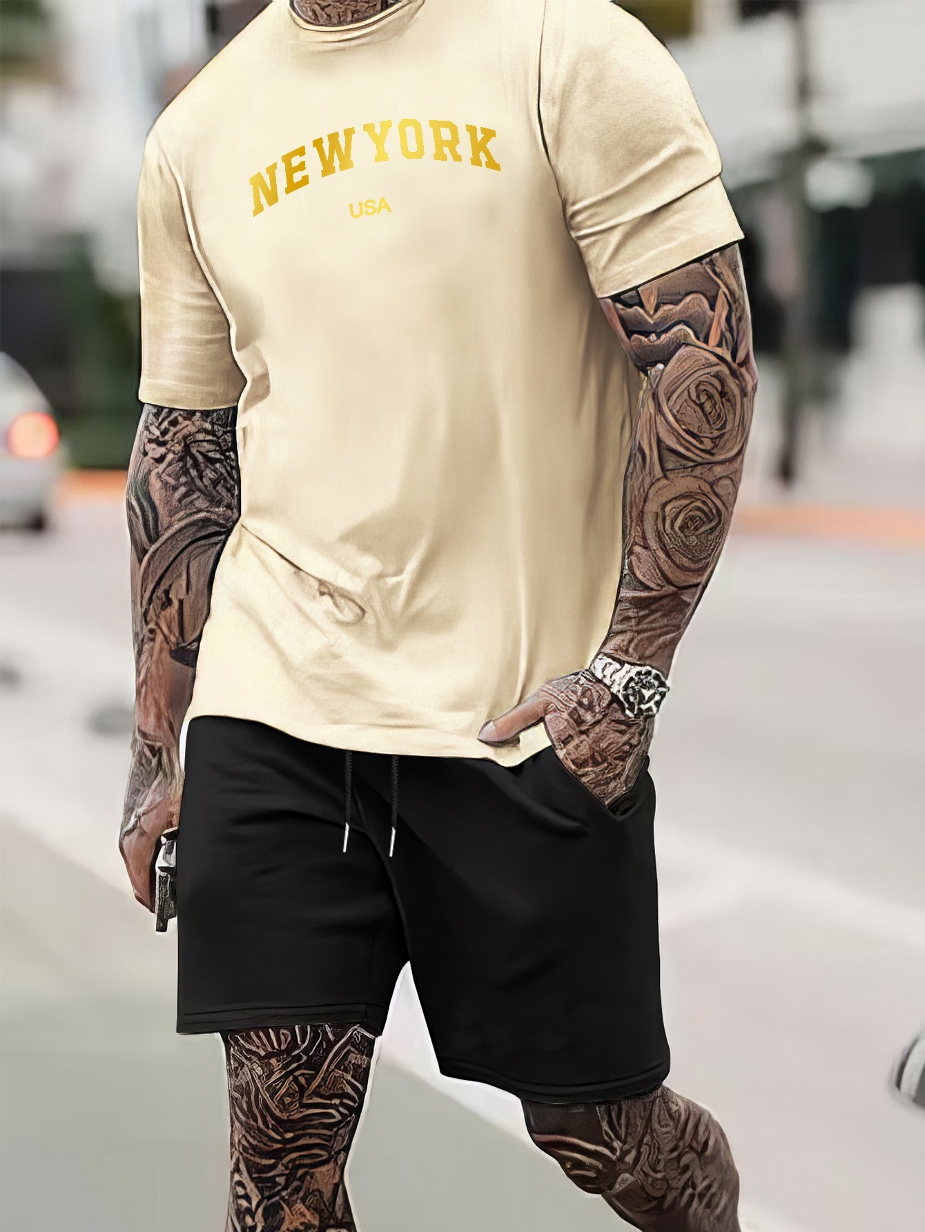 New York Print Street Style Mens 2pcs Outfits Trendy T Shirt And