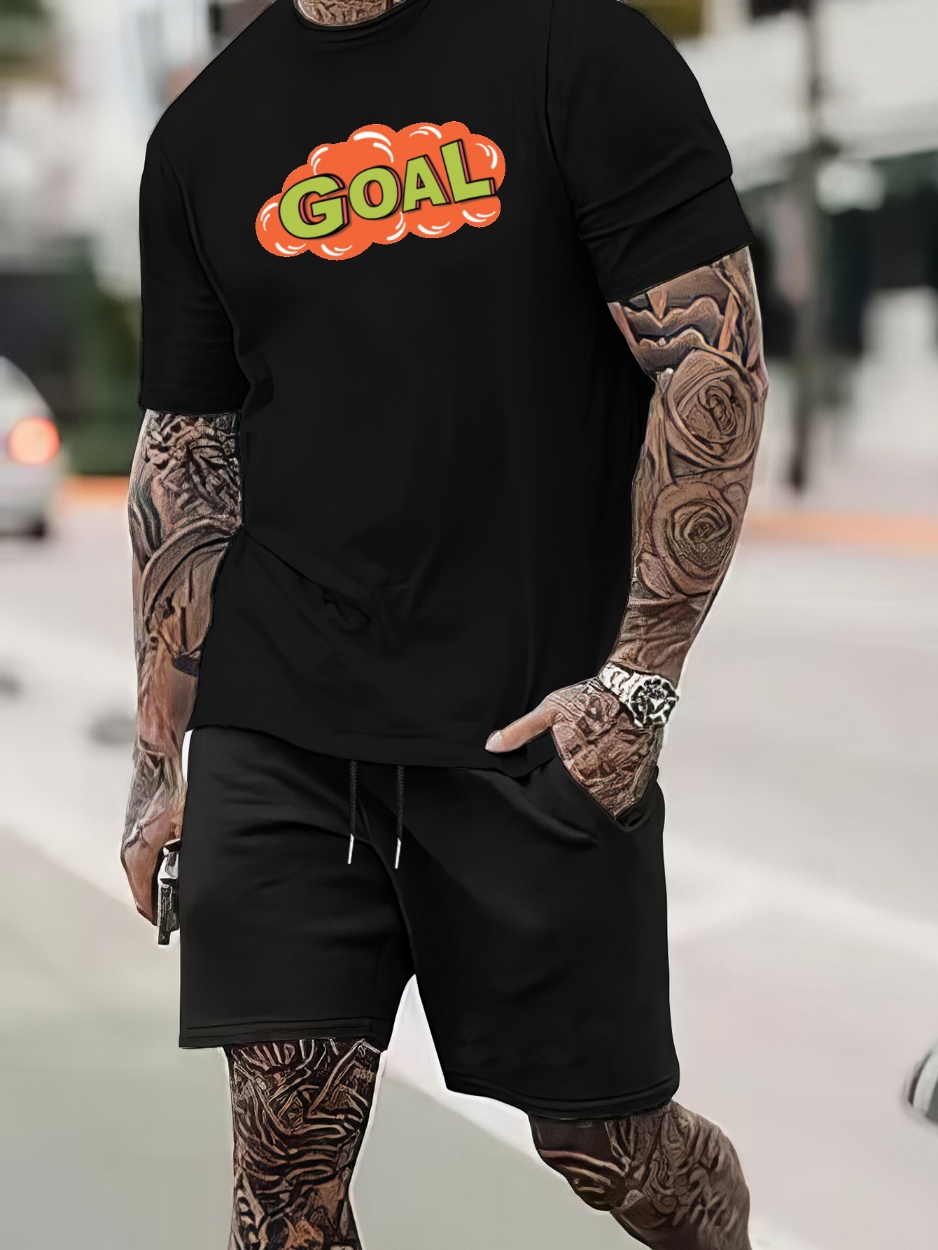 Goal Print Street Style Mens 2pcs Outfits Trendy T Shirt And Loose