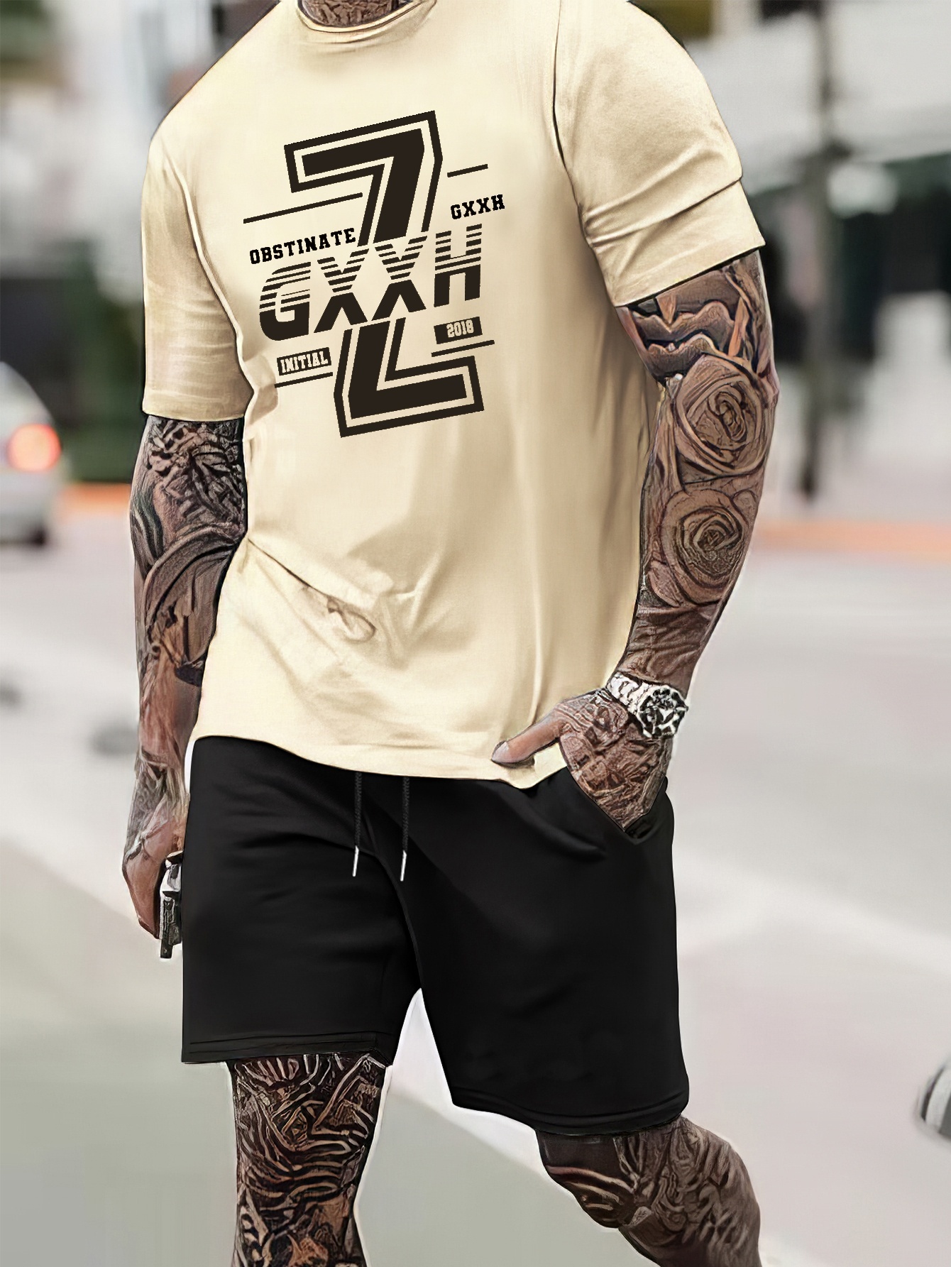 Gxxh'' Print, Style Men's Outfits, Trendy T-shirt And Loose Shorts Set, Men's - Temu