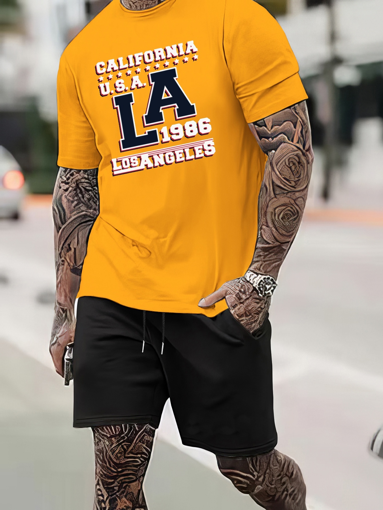 Los Angeles Letter Graphic Print Men's Creative Top, Casual Short