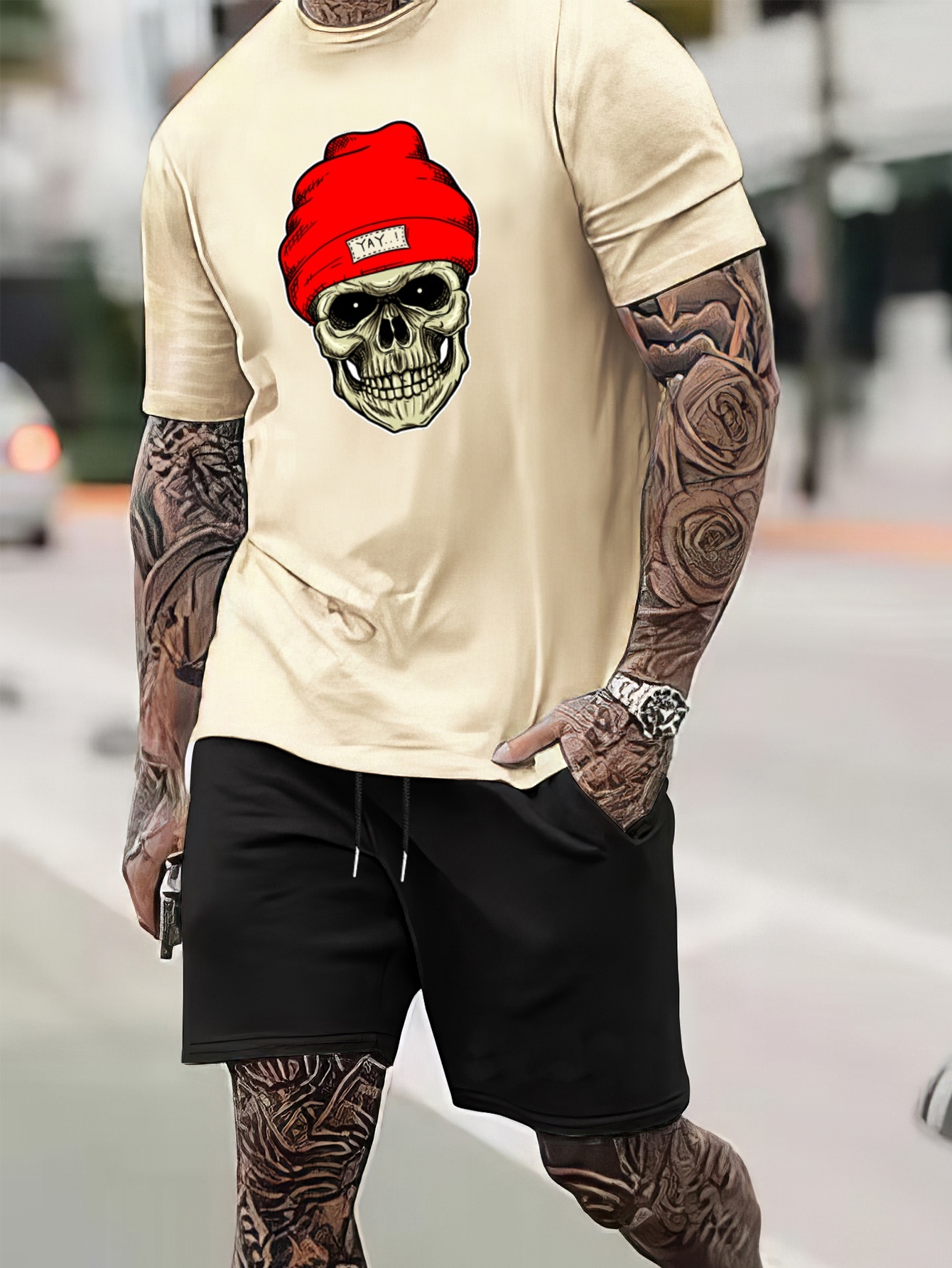 Skull V Print Street Style Mens 2pcs Outfits Trendy T Shirt And