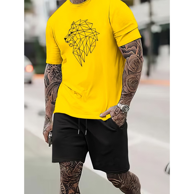 

2pcs Men's Suit, Men's Geometry Lion Graphic Short Sleeves T-shirt & Casual Slightly Stretch Elastic Waist Drawstring Shorts, Men's Clothing For Summer Outdoor