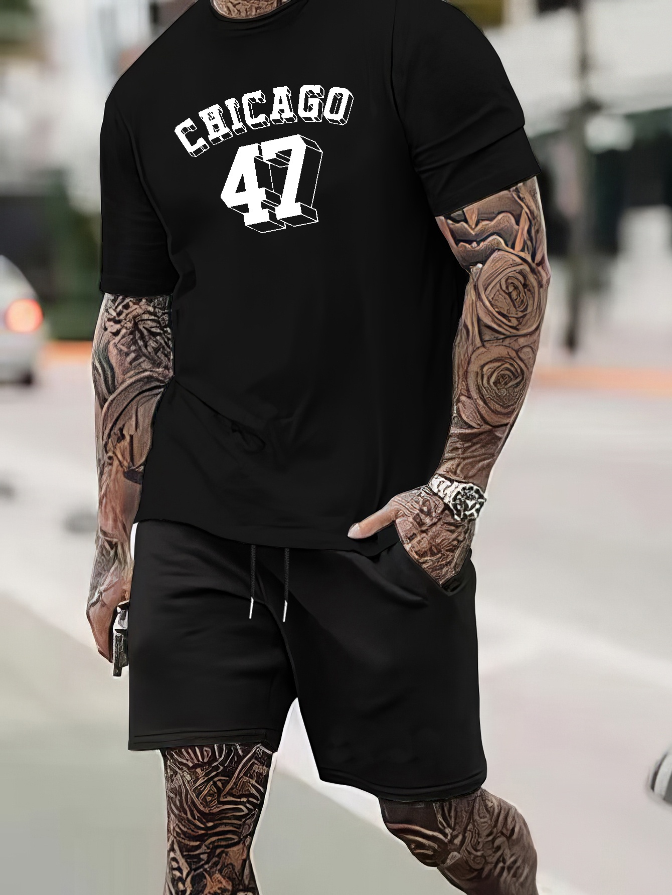 Chicago 47 Graphic Print Men's Comfortable Crew Neck Short Sleeve T-shirt &  Shorts Sets, Summer Casual Trendy Clothing
